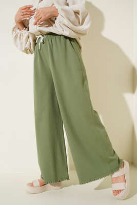 Beli İp Bağlamalı Paçası Yırtık Detaylı Pantolon Çağla Yeşili - Thumbnail
