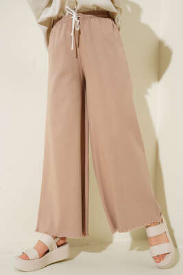 Beli İp Bağlamalı Paçası Yırtık Detaylı Pantolon Bej - Thumbnail