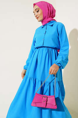 Önü Düğmeli Kat Model Elbise Mavi - Thumbnail