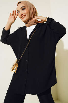 Düğmeli Salaş Tunik Pantolon İkili Takım Siyah - Thumbnail