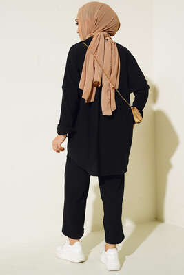 Düğmeli Salaş Tunik Pantolon İkili Takım Siyah - Thumbnail