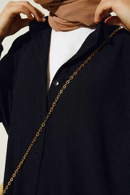 Düğmeli Salaş Tunik Pantolon İkili Takım Siyah - Thumbnail