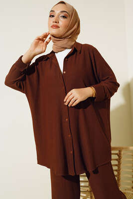 Düğmeli Salaş Tunik Pantolon İkili Takım Kahve - Thumbnail