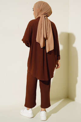 Düğmeli Salaş Tunik Pantolon İkili Takım Kahve - Thumbnail
