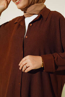 Düğmeli Salaş Tunik Pantolon İkili Takım Kahve - Thumbnail