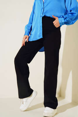 Pazarium - İki Düğmeli Beli Lastikli Pantolon Siyah