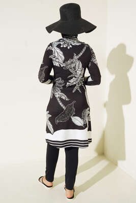 Arma Detaylı Yaprak Desen Tesettür Mayo Siyah - Thumbnail