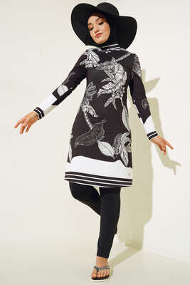 Arma Detaylı Yaprak Desen Tesettür Mayo Siyah - Thumbnail