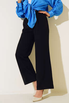 Beli Cırtlı Bol Paça Pantolon Siyah - Thumbnail