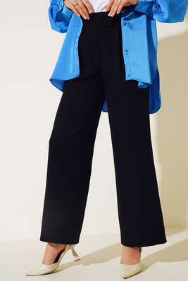 Beli Cırtlı Bol Paça Pantolon Siyah - Thumbnail