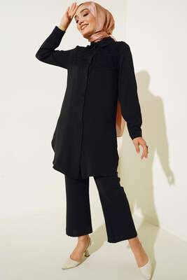 Pazarium - Göğsü Dantel Güpürlü İkili Takım Siyah