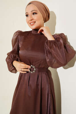 Hakim Yaka Organze Elbise Kahve - Thumbnail