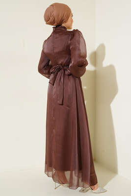 Hakim Yaka Organze Elbise Kahve - Thumbnail
