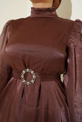 Hakim Yaka Organze Elbise Kahve - Thumbnail