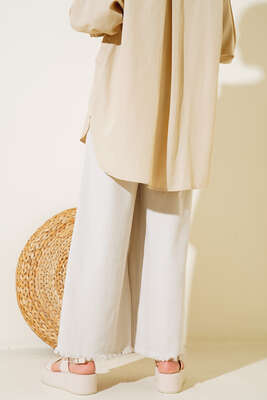 Beli İp Bağlamalı Paçası Yırtık Detaylı Pantolon Gri - Thumbnail