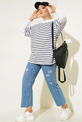 Pazarium - Kısa Kol Basic Çizgili Tshirt Beyaz