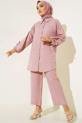 Pazarium - Düğmeli Keten İkili Takım Pudra