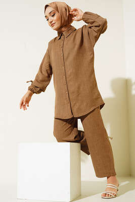 Pazarium - Düğmeli Keten İkili Takım Kahve