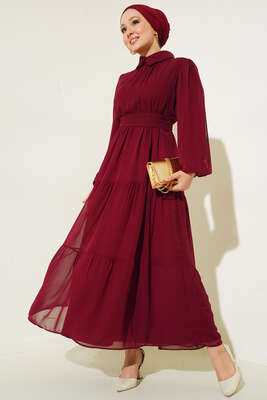 Gömlek Yaka Kuşaklı Katkat Şifon Elbise Bordo - Thumbnail