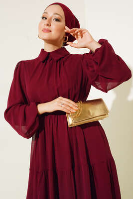 Gömlek Yaka Kuşaklı Katkat Şifon Elbise Bordo - Thumbnail