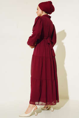 Gömlek Yaka Kuşaklı Katkat Şifon Elbise Bordo - Thumbnail