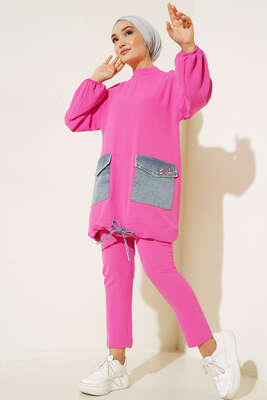 Kot Cep Detaylı İkili Takım Pembe - Thumbnail