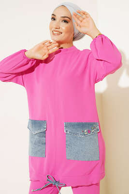 Kot Cep Detaylı İkili Takım Pembe - Thumbnail