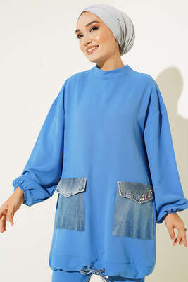 Kot Cep Detaylı İkili Takım İndigo - Thumbnail