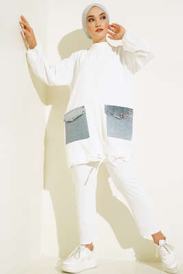 Kot Cep Detaylı İkili Takım Beyaz - Thumbnail