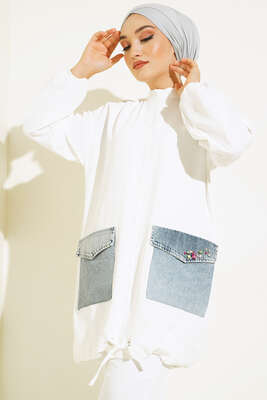 Kot Cep Detaylı İkili Takım Beyaz - Thumbnail