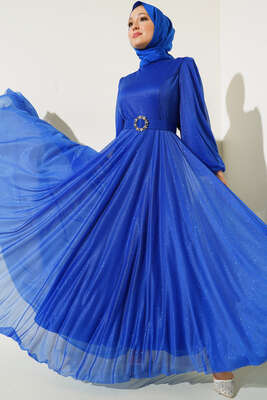 Simli Kemerli Abiye Elbise Saks - Thumbnail