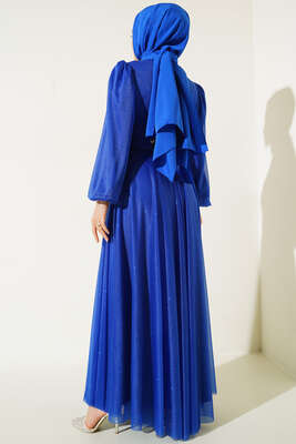 Simli Kemerli Abiye Elbise Saks - Thumbnail