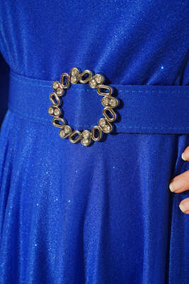 Simli Kemerli Abiye Elbise Saks - Thumbnail