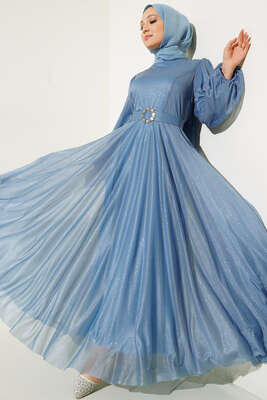 Simli Kemerli Abiye Elbise Mavi - Thumbnail