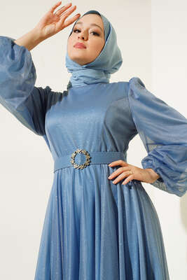 Simli Kemerli Abiye Elbise Mavi - Thumbnail