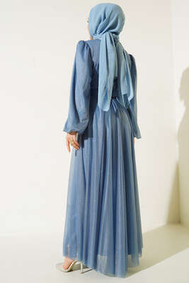 Simli Kemerli Abiye Elbise Mavi - Thumbnail