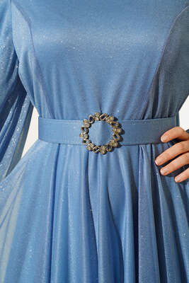 Simli Kemerli Abiye Elbise Mavi - Thumbnail