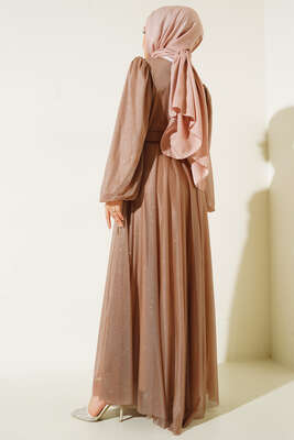 Simli Kemerli Abiye Elbise Latte - Thumbnail