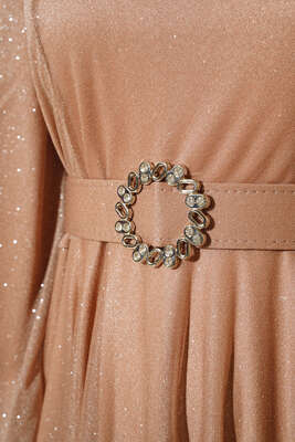 Simli Kemerli Abiye Elbise Latte - Thumbnail