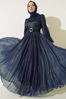 Simli Kemerli Abiye Elbise Lacivert - Thumbnail