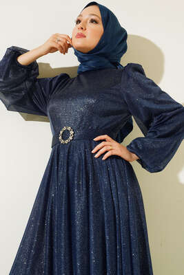 Simli Kemerli Abiye Elbise Lacivert - Thumbnail