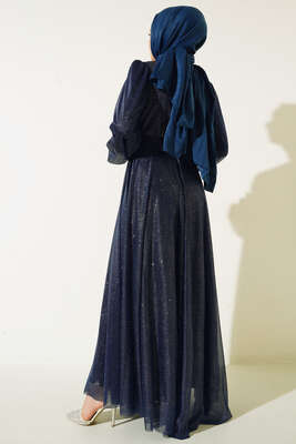 Simli Kemerli Abiye Elbise Lacivert - Thumbnail