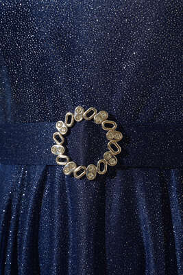 Simli Kemerli Abiye Elbise Lacivert - Thumbnail