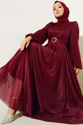 Simli Kemerli Abiye Elbise Bordo - Thumbnail