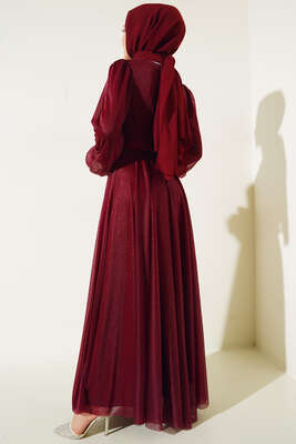 Simli Kemerli Abiye Elbise Bordo - Thumbnail