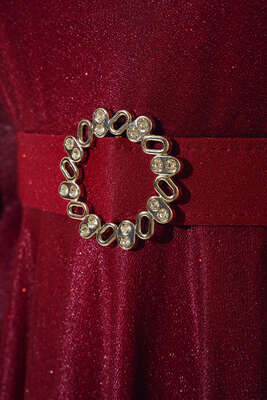 Simli Kemerli Abiye Elbise Bordo - Thumbnail