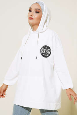 Newyork İki İpli Kapşonlu Tunik Beyaz - Thumbnail