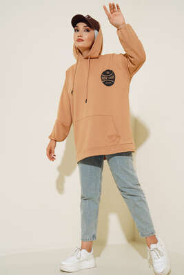 Newyork İki İpli Kapşonlu Tunik Latte - Thumbnail