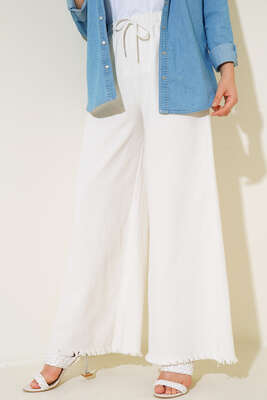 Beli İp Bağlamalı Paçası Yırtık Detaylı Pantolon Ekru - Thumbnail