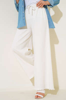 Beli İp Bağlamalı Paçası Yırtık Detaylı Pantolon Ekru - Thumbnail